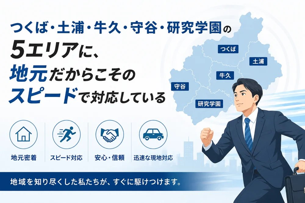 つくば・土浦・牛久・守谷・研究学園の5エリアに地元スタッフがスピード対応するイメージ